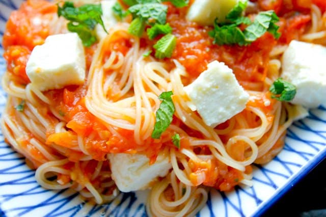 Pasta with Roasted Tomato Sauce, Mint and Feta