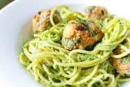 Spaghetti and Turkey Meatballs with Spinach Pesto