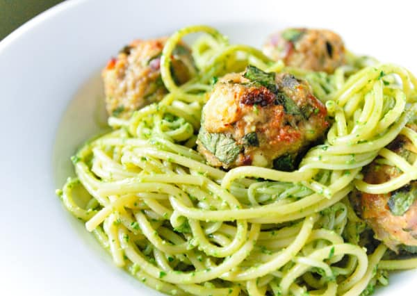 Spaghetti and Turkey Meatballs with Spinach Pesto