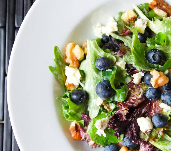 Simple Salad with Blueberries, Blue Cheese and Walnuts