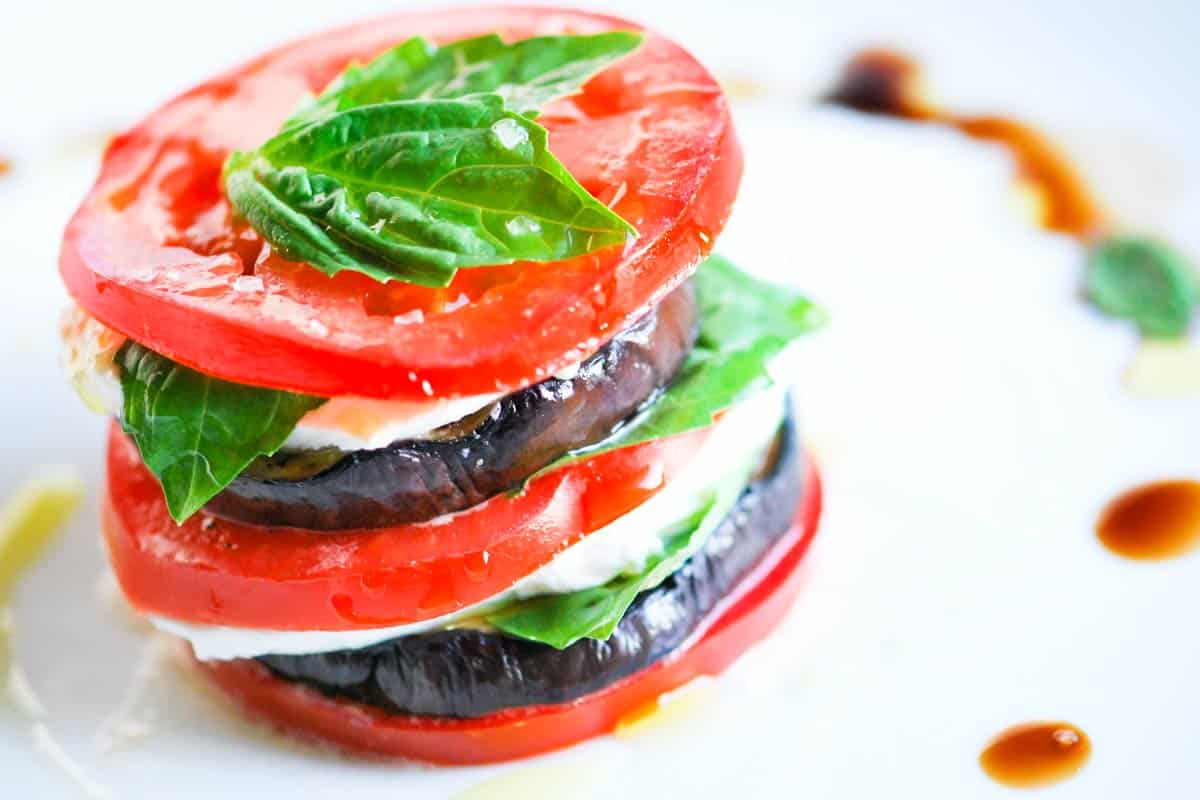 Eggplant Napoleon (Stacked Grilled Eggplant, Tomato, and Mozarella)