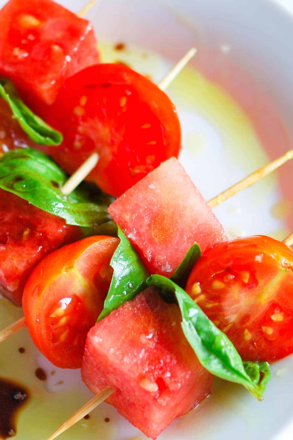 Tomato, Watermelon and Basil Skewers with Balsamic Easy Appetizer Recipe with Watermelon, Tomato and Basil