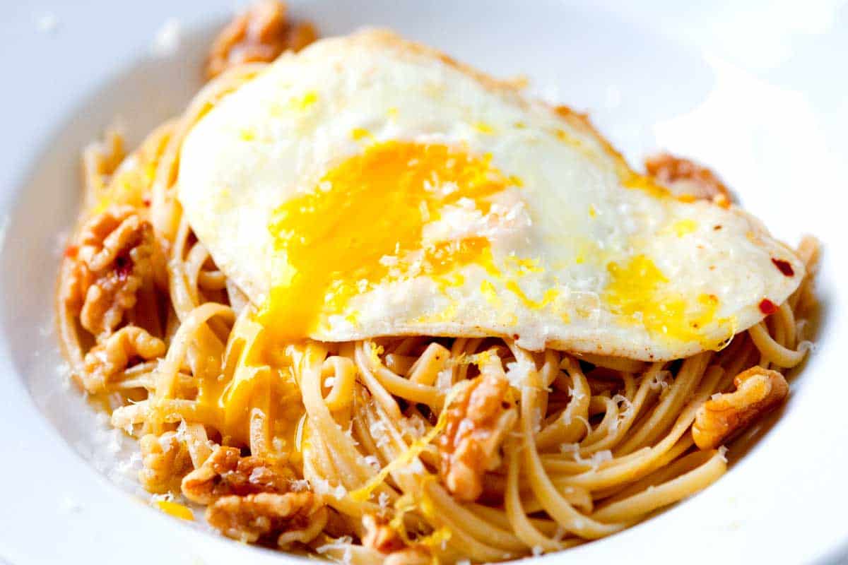 Brown Butter Pasta with Walnuts and Fried Egg