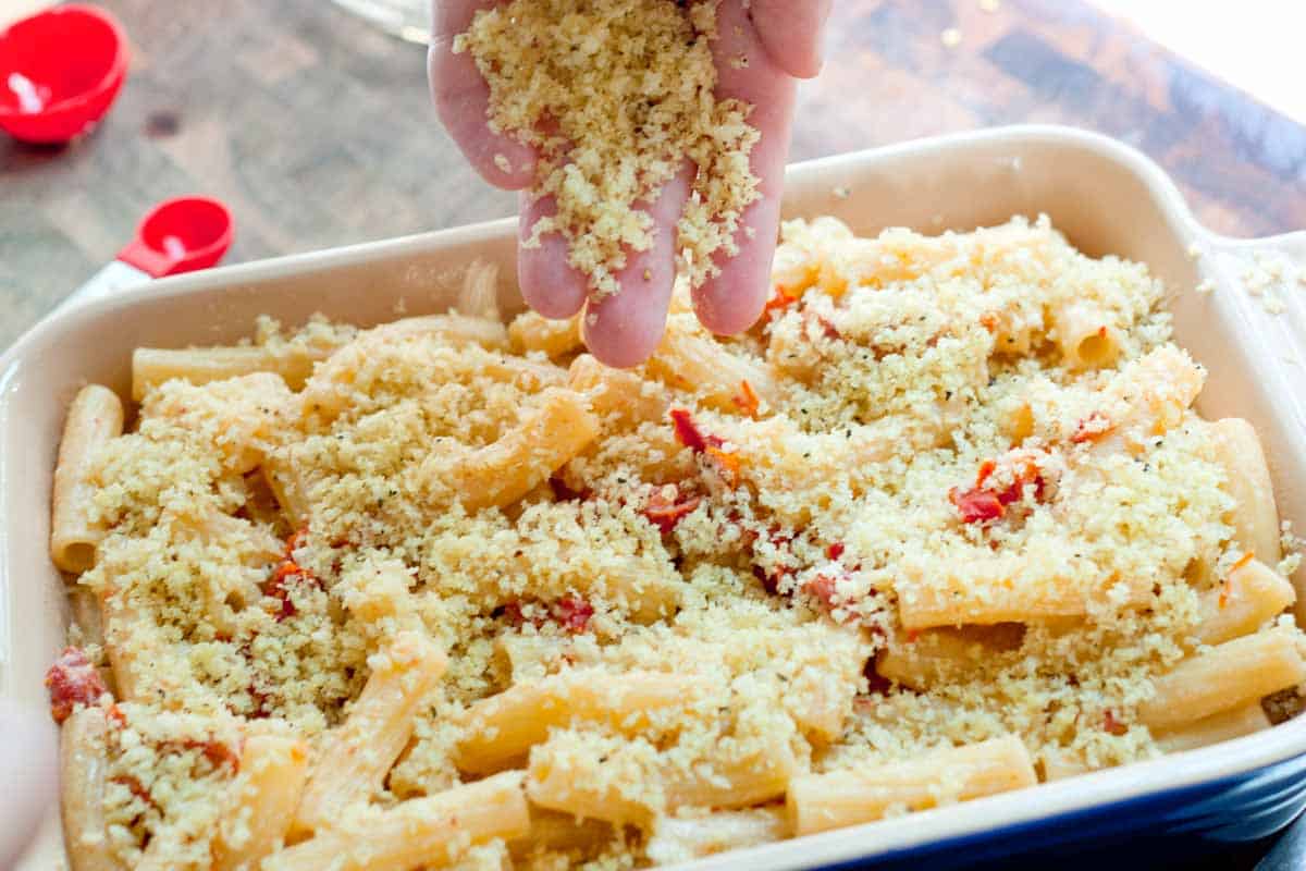 Sun-Dried Tomato and Goat Cheese Rigatoni Pasta Adding the breadcrumbs