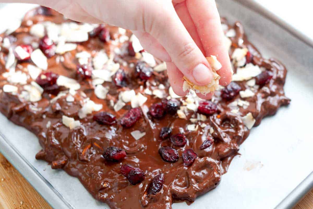 Dark Chocolate Bark with Coconut and Pretzels Adding the coconut