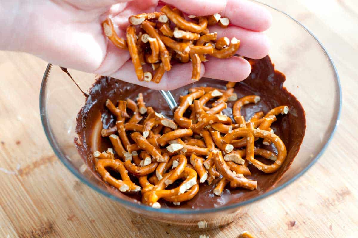 Adding the pretzels