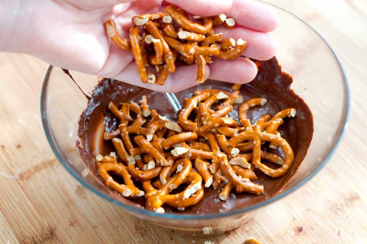 Dark Chocolate Bark with Coconut and Pretzels Adding the pretzels