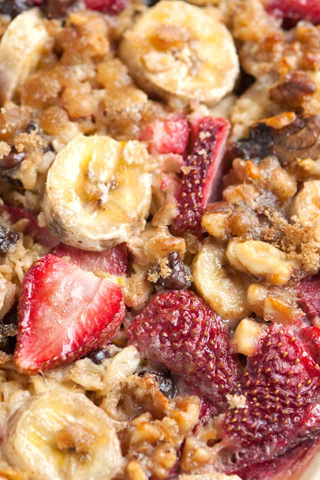 Baked Oatmeal with Strawberries, Banana, and Chocolate Chips