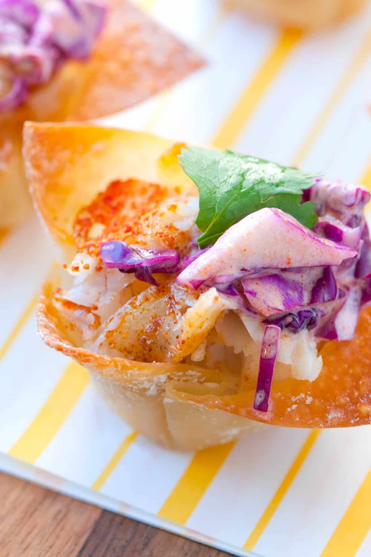 Mini Fish Tacos in Wonton Cups Mini Fish Tacos with Chipotle Slaw