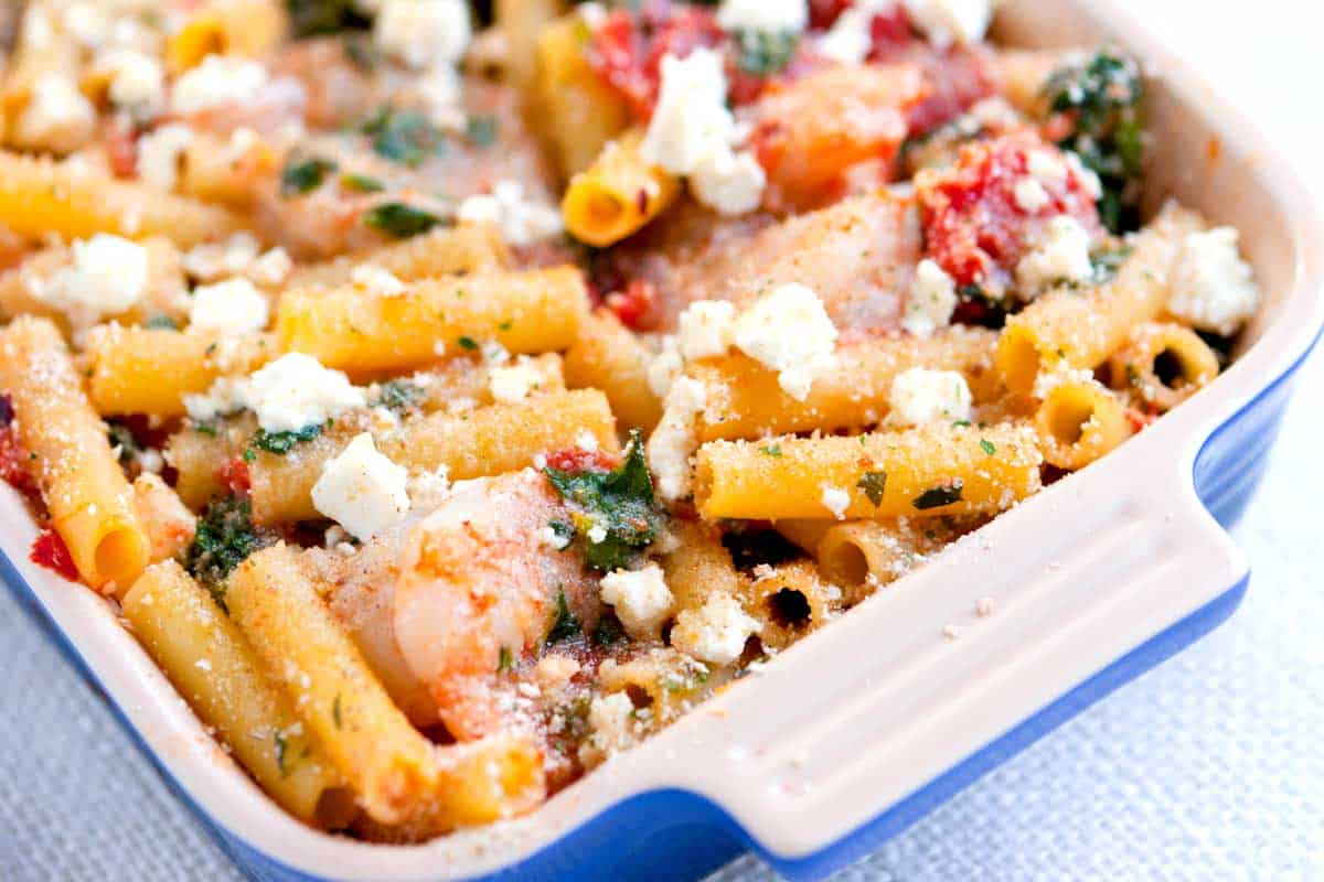 Easy Baked Ziti Recipe with Shrimp and Spinach