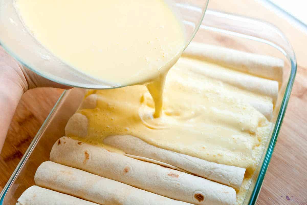 Breakfast Enchiladas Recipe Cover with egg custard