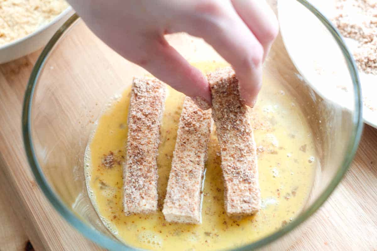 Crispy Pan Fried Tofu Fingers Recipe How to Make Crispy Tofu Fingers: Dipping into egg