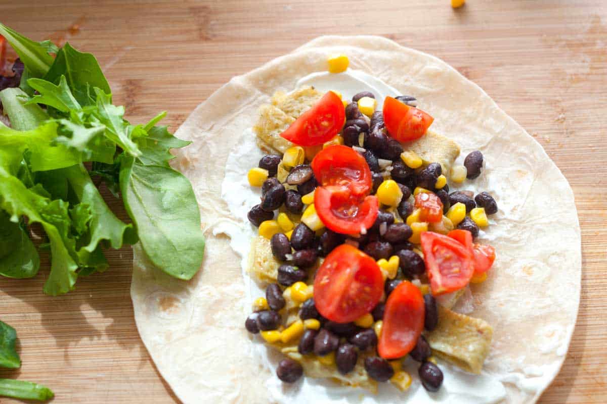 Meatless Black Bean, Egg and Corn Wraps Filling the Wraps