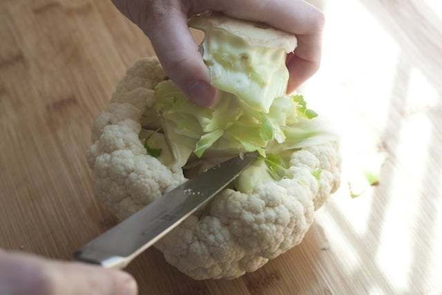 How to Cut Cauliflower: Removing the stem of a cauliflower