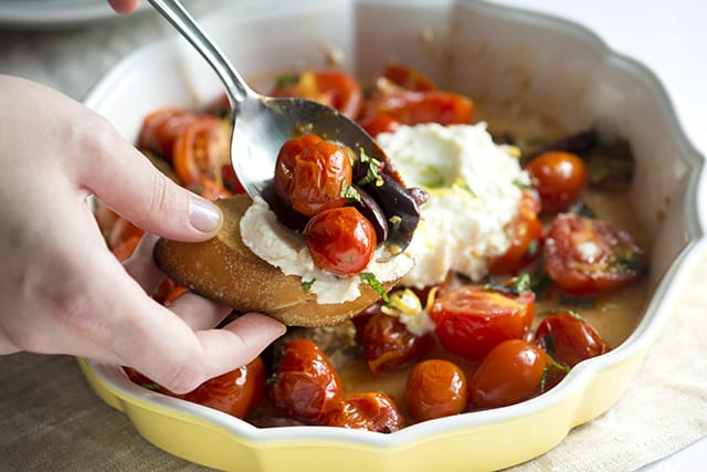 Lightly Roasted Tomatoes with Ricotta and Mint 