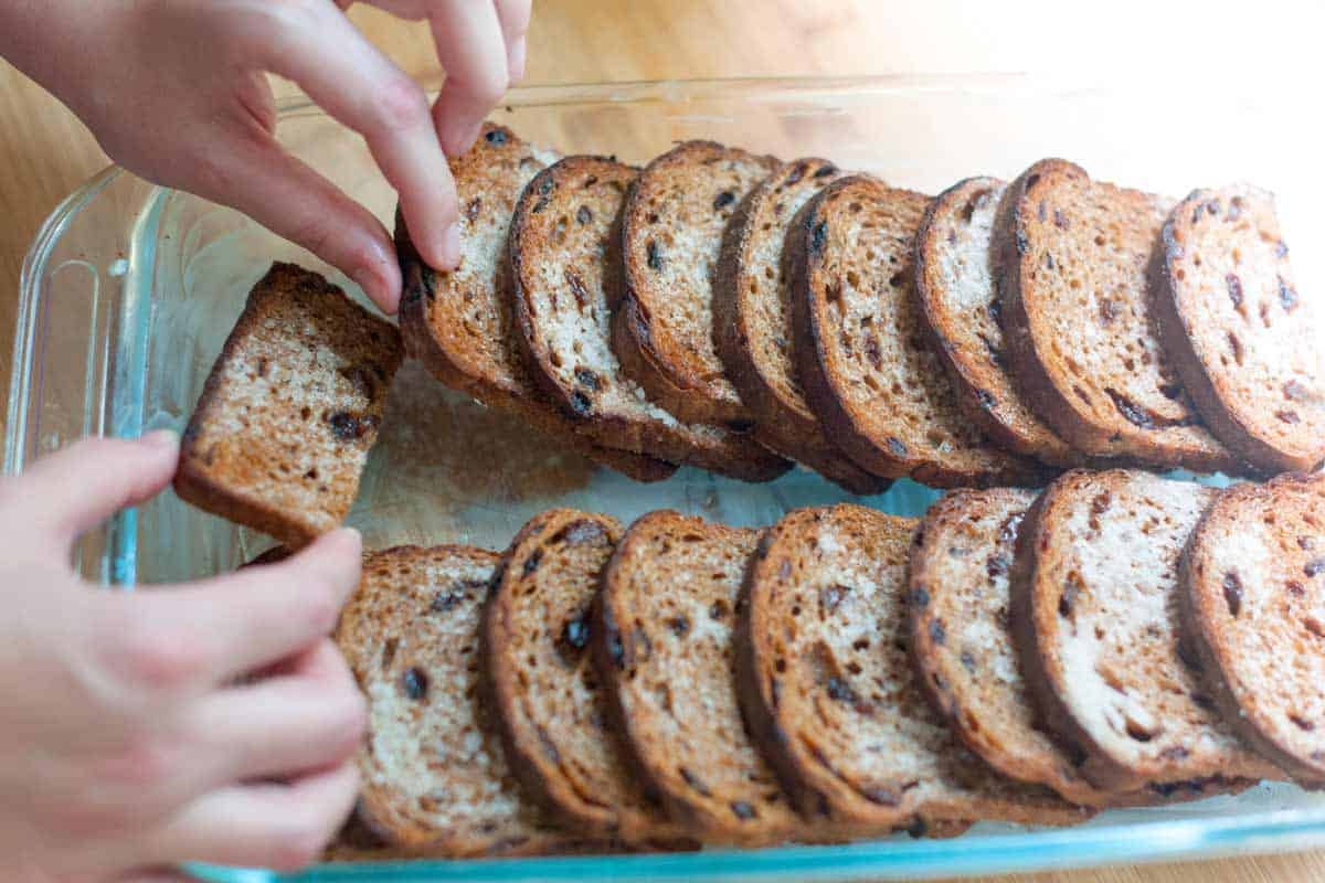 Baked Cinnamon Raisin French Toast Recipe Lining up the toast