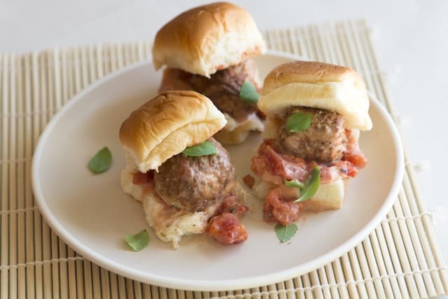 Tomato Basil Meatball Slider Recipe from www.inspiredtaste.net #recipe Tomato Basil Meatball Slider Recipe