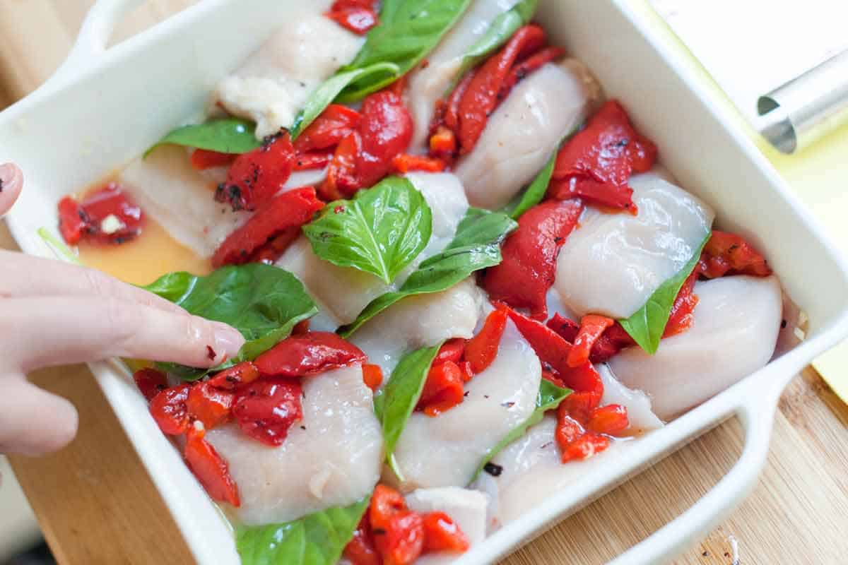 Baked Chicken Casserole with Red Peppers and Basil Line up the chicken and basil