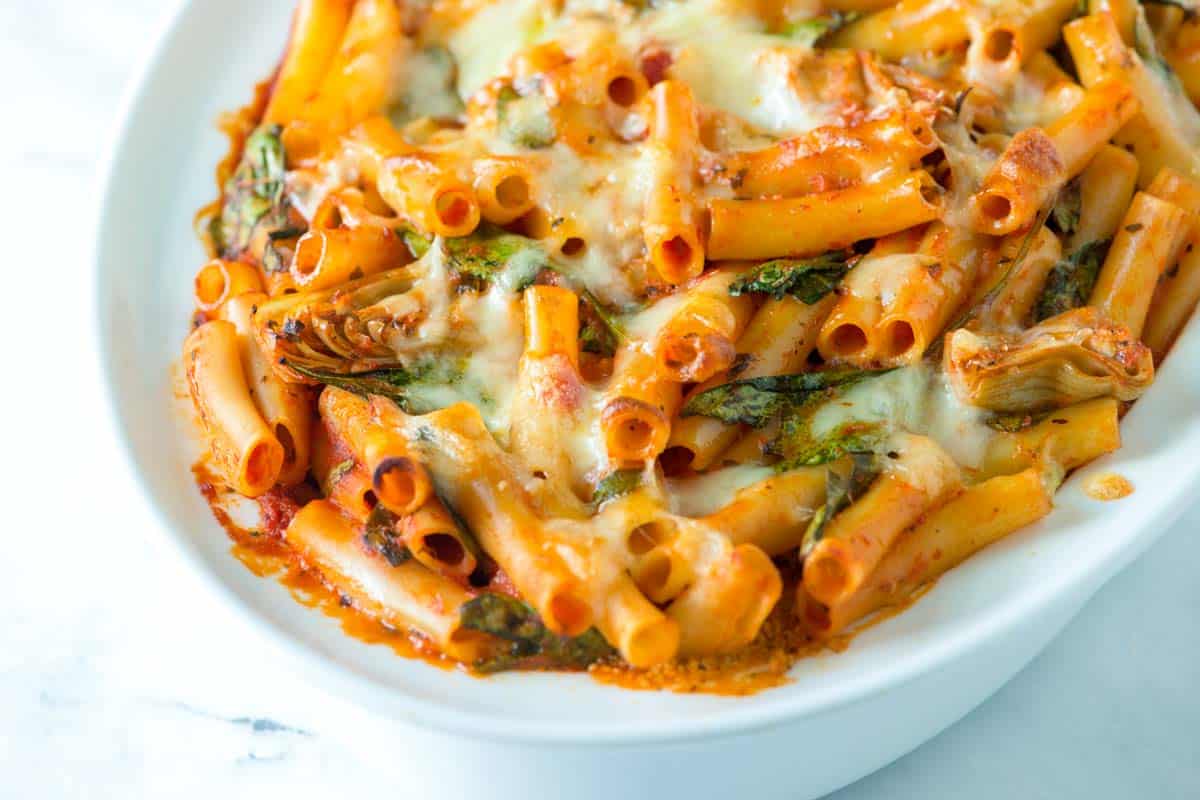 Easy Baked Ziti Recipe with Spinach, Artichokes, and Pesto