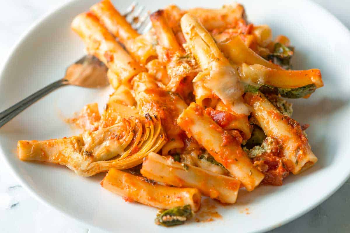 Spinach Artichoke Baked Ziti on a plate