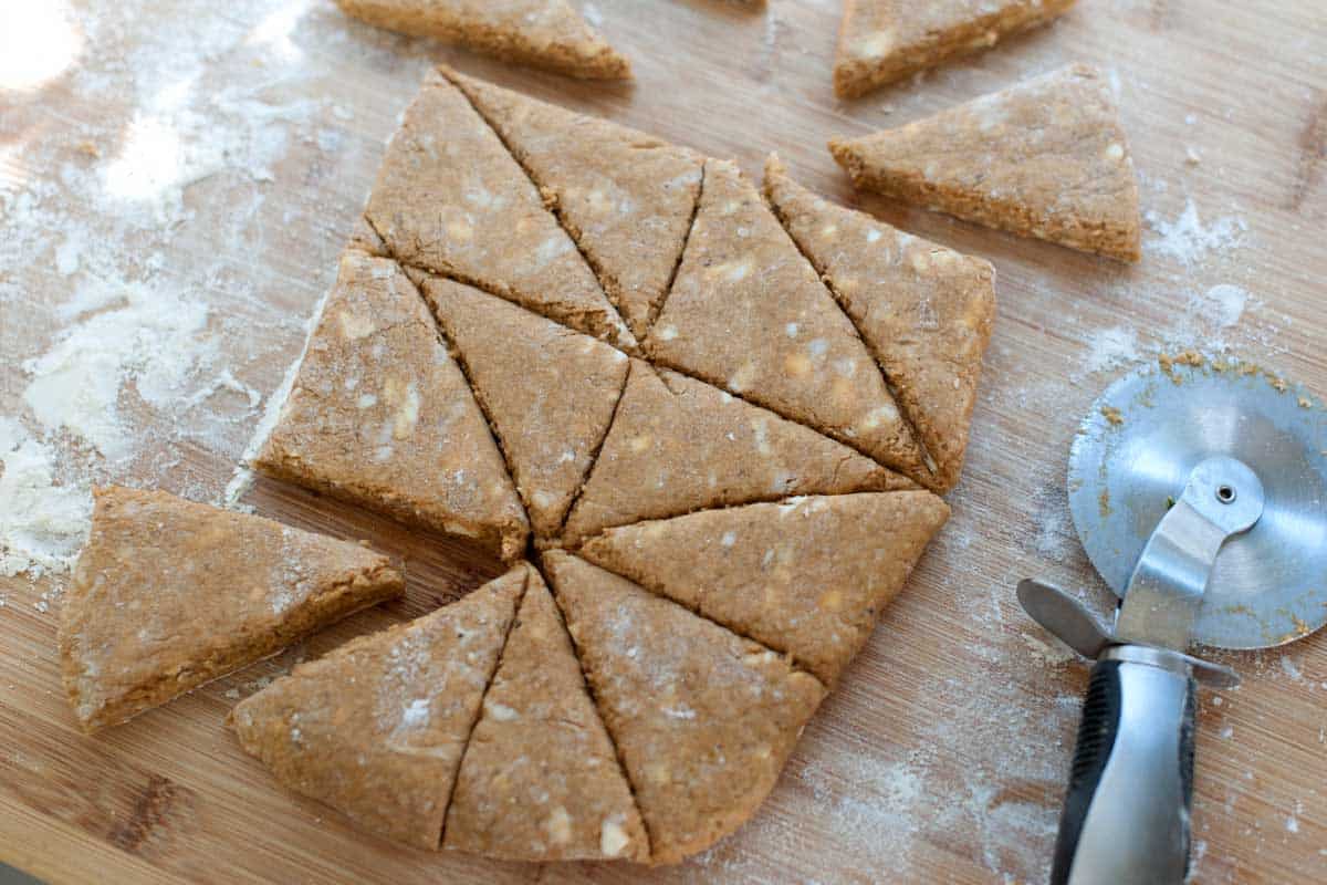 How to Make Pumpkin Scones: Cutting scone dough into triangles