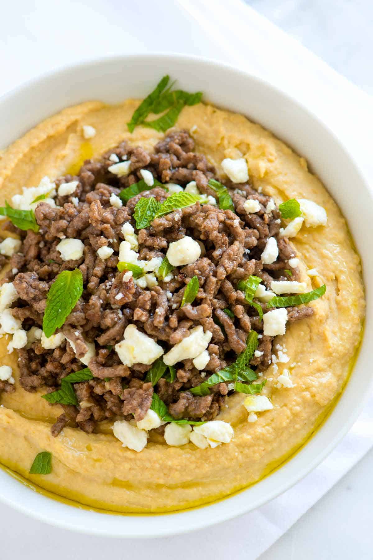 Hummus with Spiced Beef, Feta and Mint