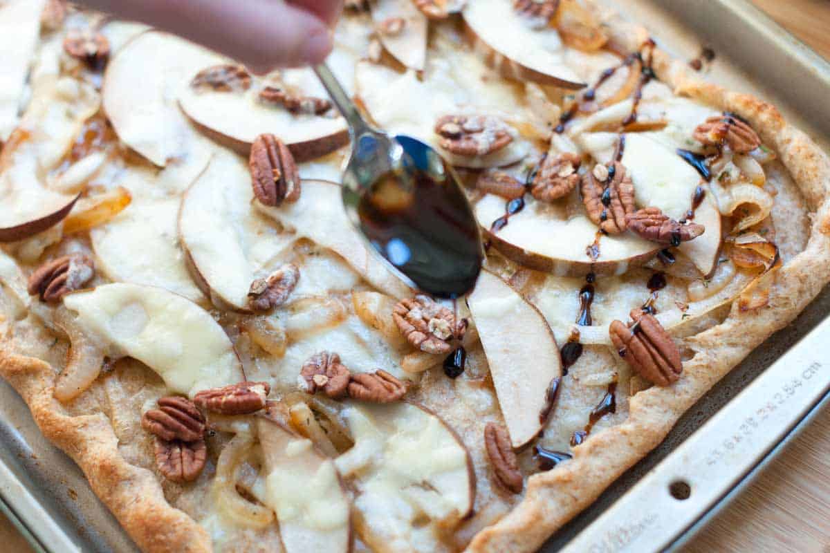 Balsamic, Pear and Onion Pizza Recipe Adding the glaze