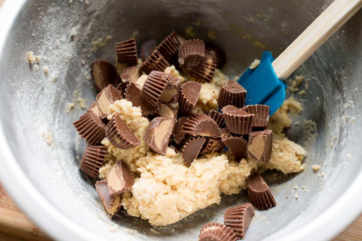 Easy Bar Cookies with Peanut Butter Cups How to Make Cookie Bars: Adding the Peanut Butter Cups to Cookie Dough