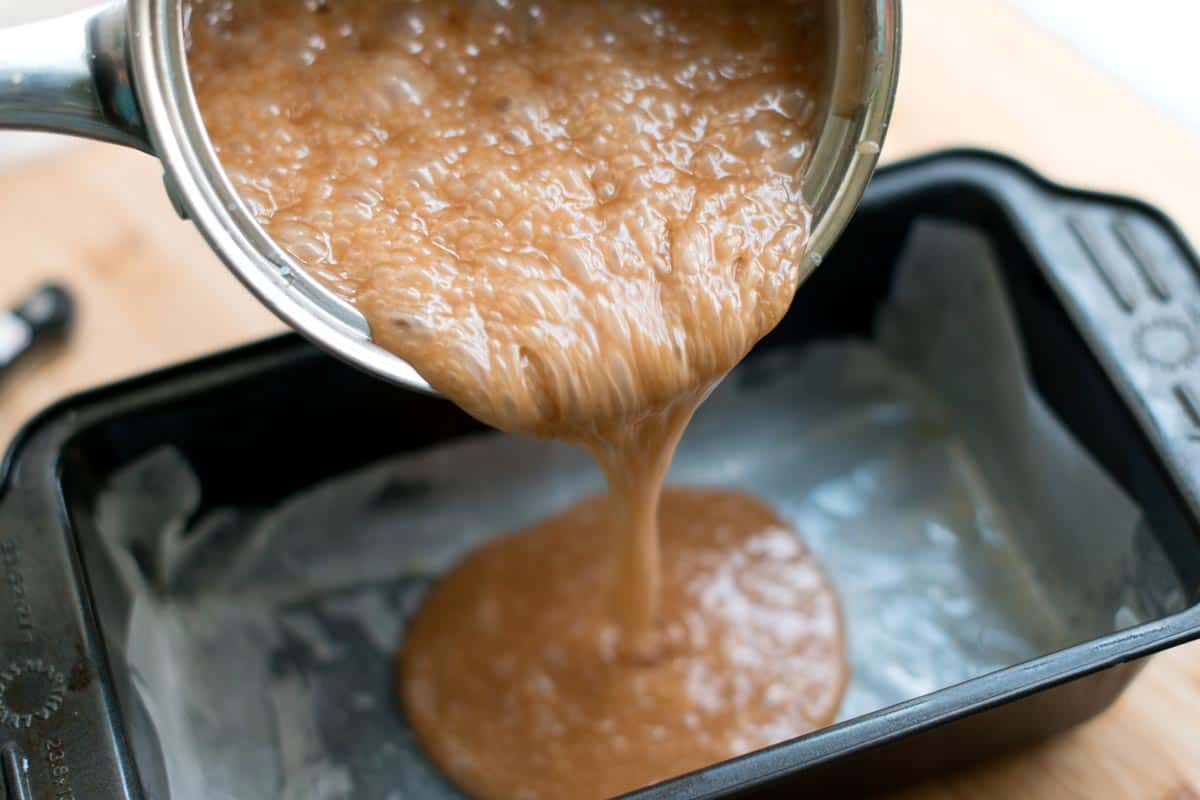 How to Make Salted Caramels Recipe Pouring the Caramel Mixture