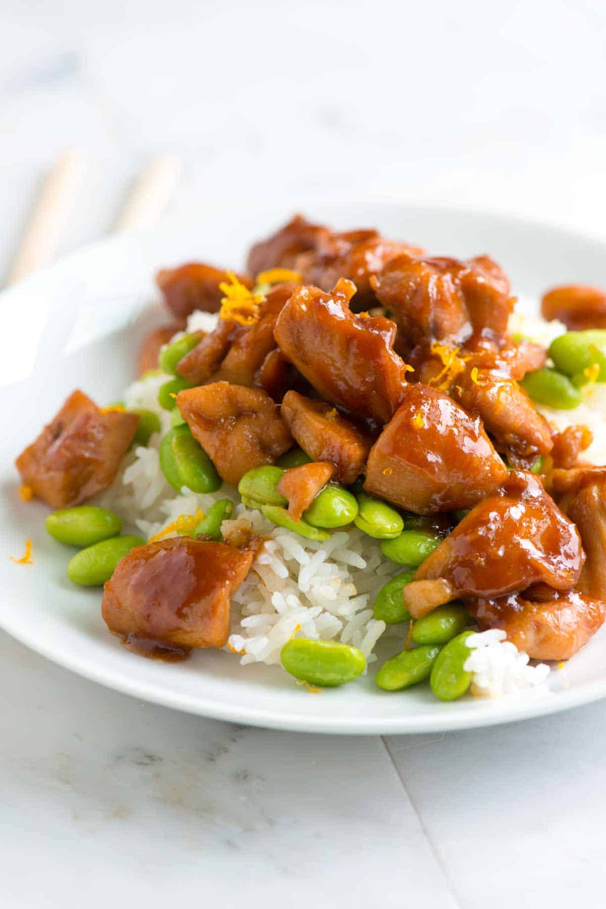 Teriyaki chicken on a bed of rice