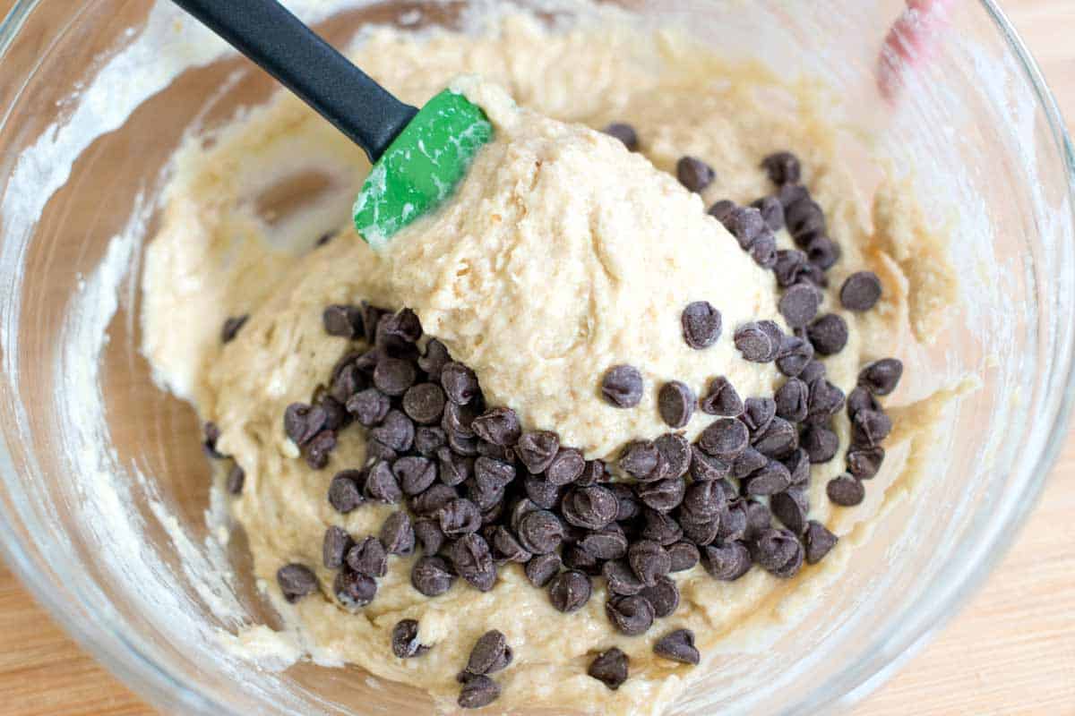 Adding the chocolate chips to the muffin batter