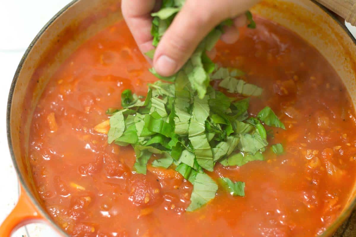 How to Make Marinara Sauce: Adding fresh basil