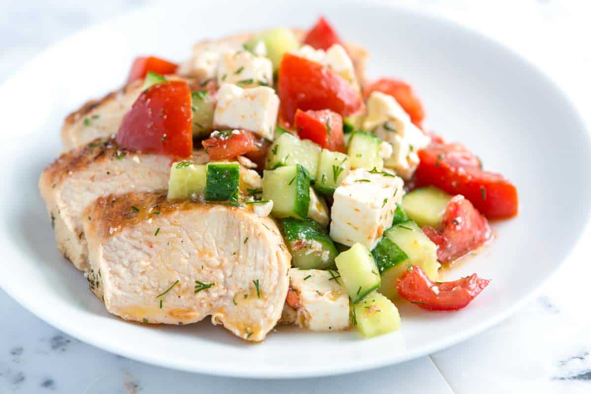 Lemon Chicken Breasts with Cucumber Feta Salad