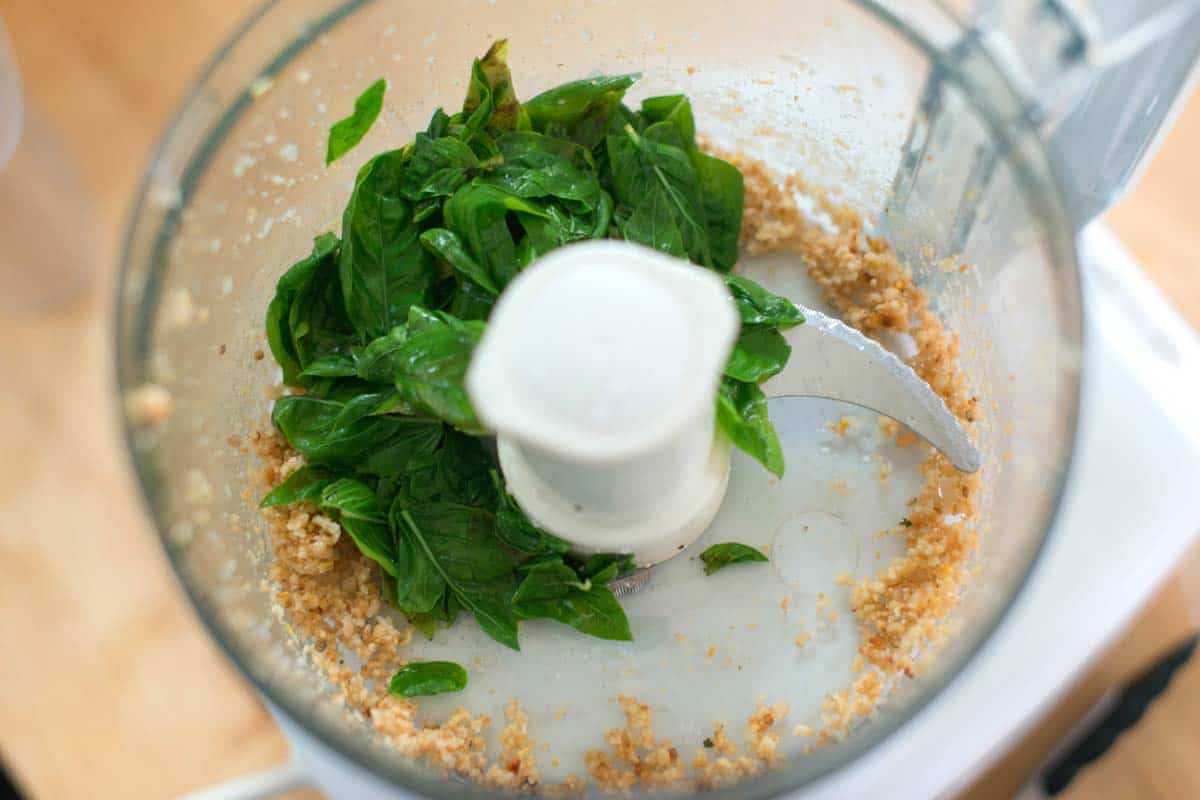 Blanching the basil.