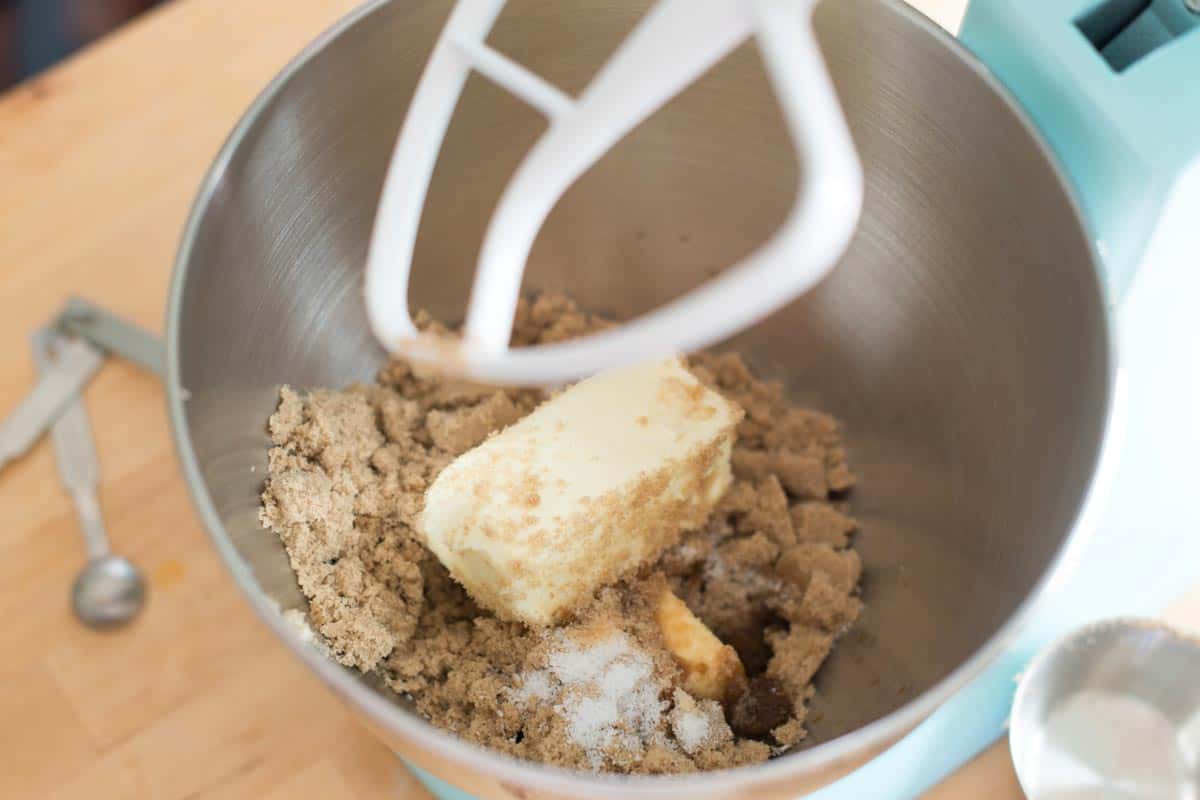 Making chocolate chip cookie batter in a stand mixer with the paddle attachment