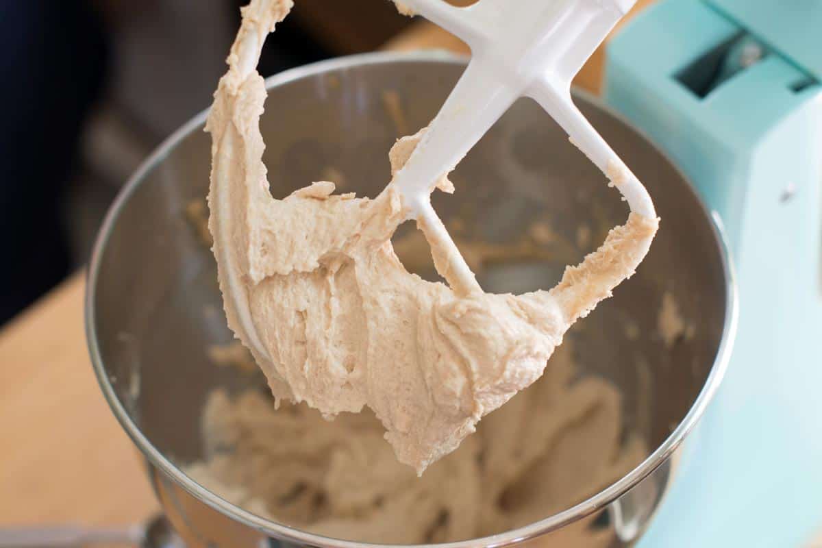 Creamed butter, sugar and vanilla in a stand mixer.