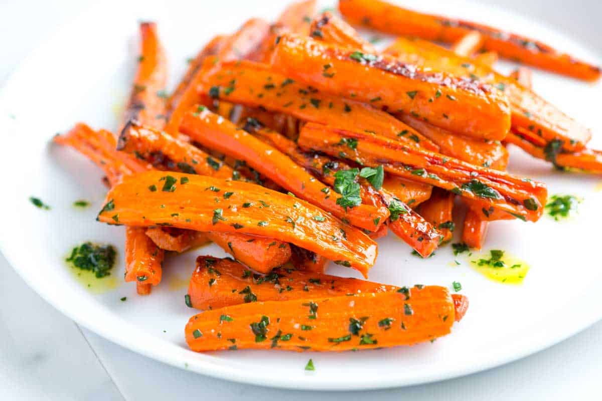 Garlic Butter Roasted Carrots on a plate