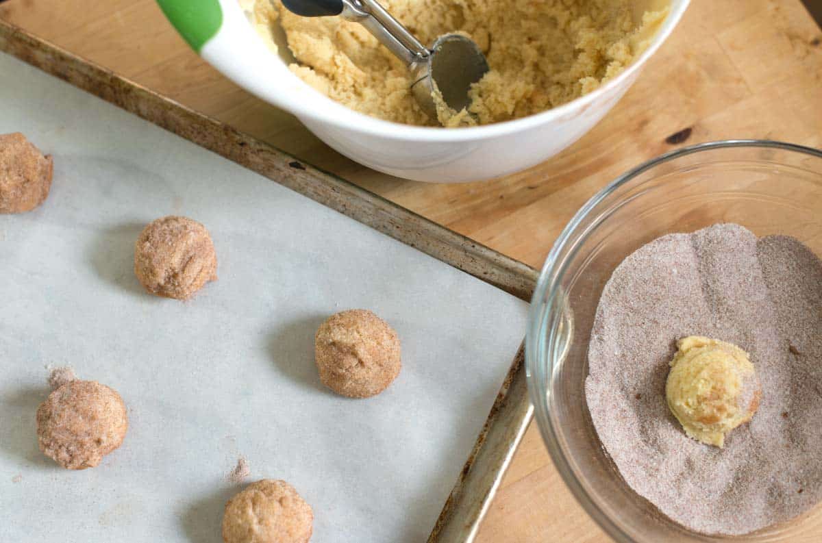 The snickerdoodle dough is chilled for 30 minutes then rolled in cinnamon sugar.