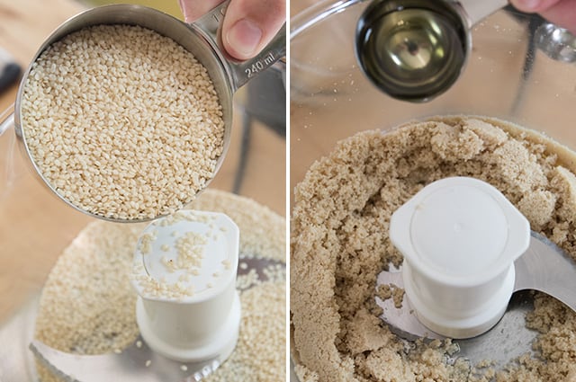 Adding sesame seeds to a food processor to make tahini