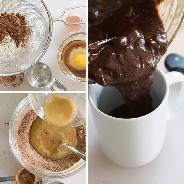 Steps showing how to make a brownie in a mug. (1) Sifting ingredients, mixing with wet ingredients and then pouring into a coffee mug.