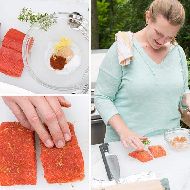 How to Make Cedar Plank Salmon: Rubbing the salmon with our sweet citrus rub before the grill