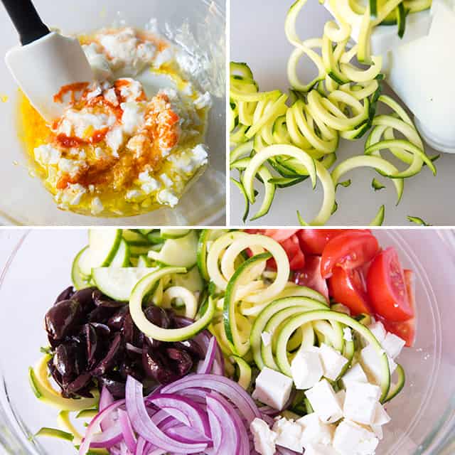 A guilt-free zucchini noodles salad with cucumber, tomatoes, feta and a spicy yogurt dressing. It's hearty enough for dinner or simple enough for a quick lunch. From inspiredtaste.net / @inspiredtaste Mediterranean Zucchini Salad with Feta