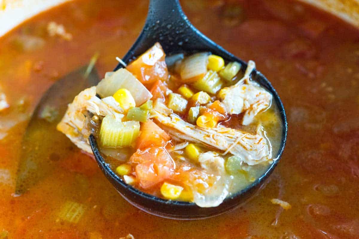 Chicken tortilla soup in soup spoon