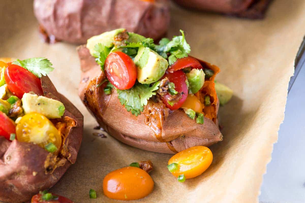 Baked Sweet Potato with Tomato Avocado Salsa