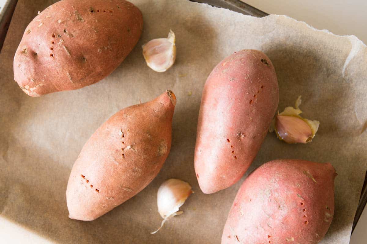 Roasted garlic salsa with sweet potatoes