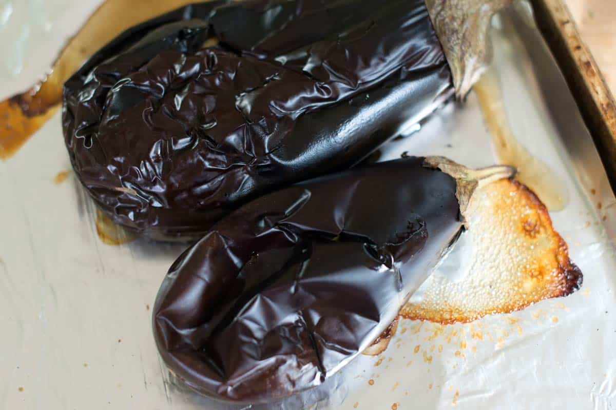 Charred and roasted eggplant ready to be turned into roasted eggplant dip (also called baba ganoush)