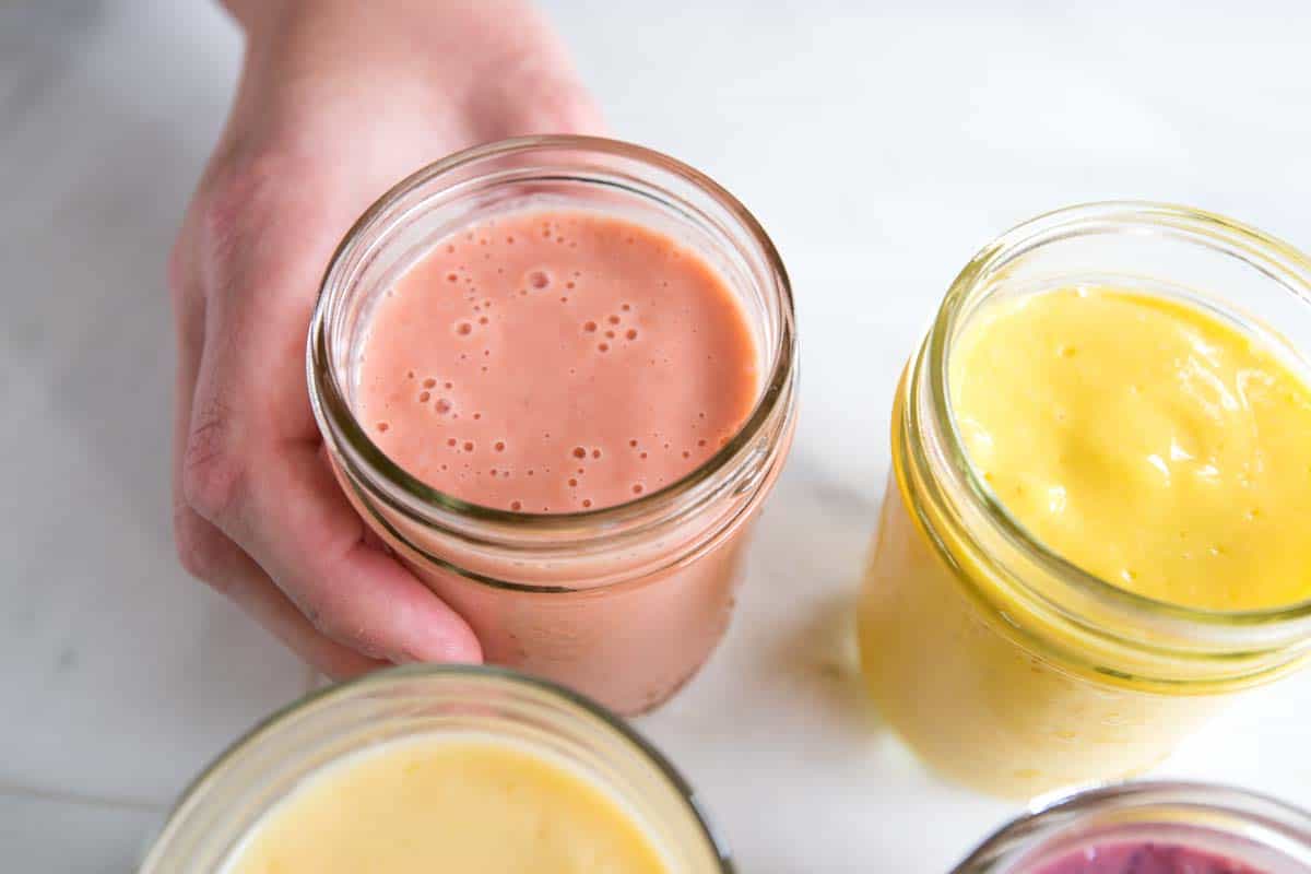 Banana smoothies with mango and strawberries