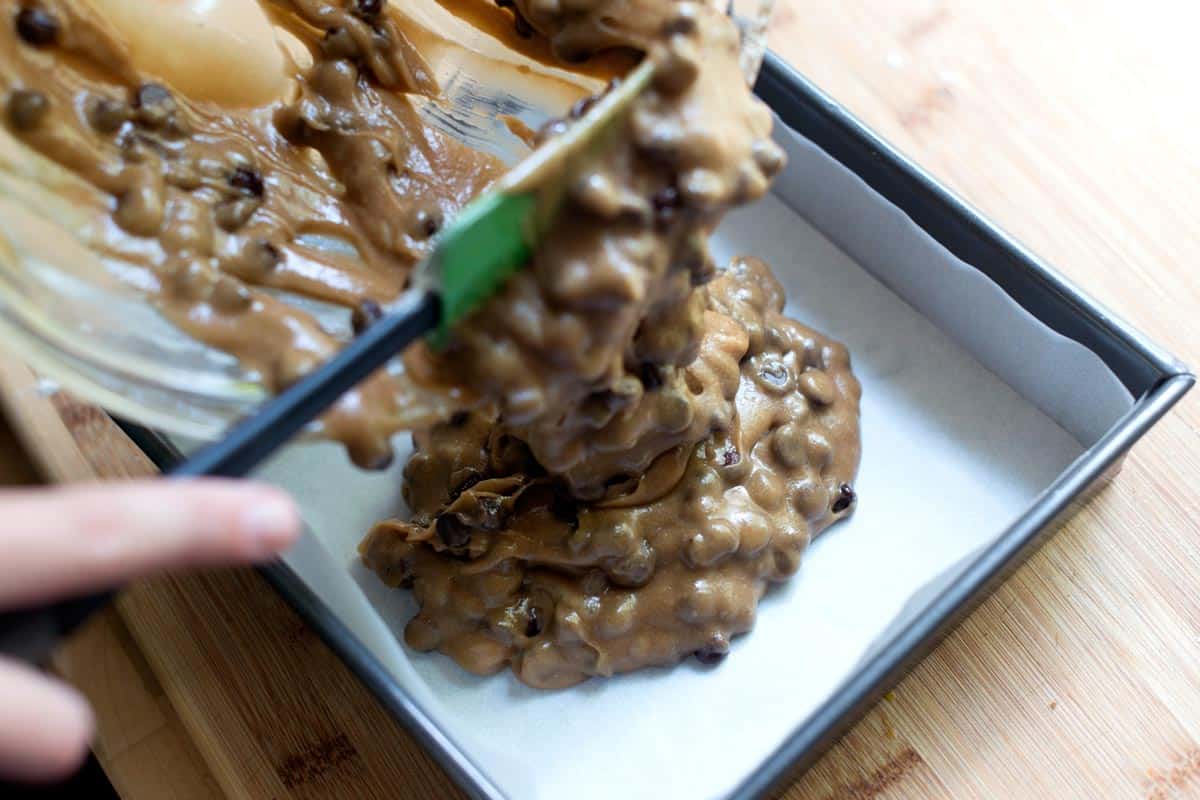 Pouring Blondies batter into baking pan