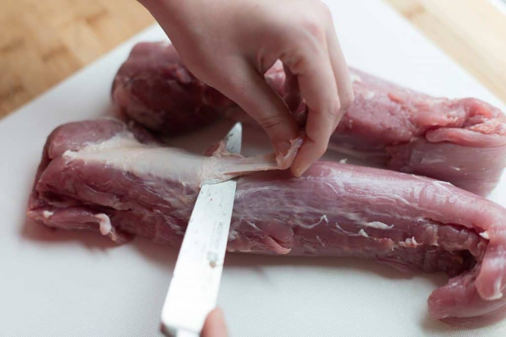 Removing tougher silver skin from pork tenderloin