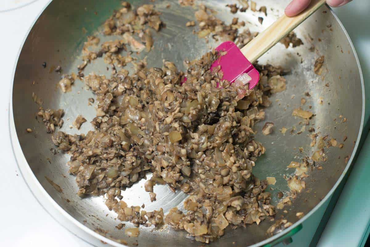 Cooking the onions, mushrooms and garlic for our easy turkey meatloaf mixture